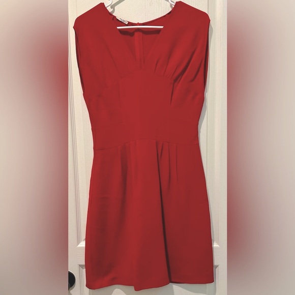 Miu Miu Warm Red Cap Sleeve V-neck Dress Pleated Bodice & Pieced Inset Waistband - Picture 1 of 8